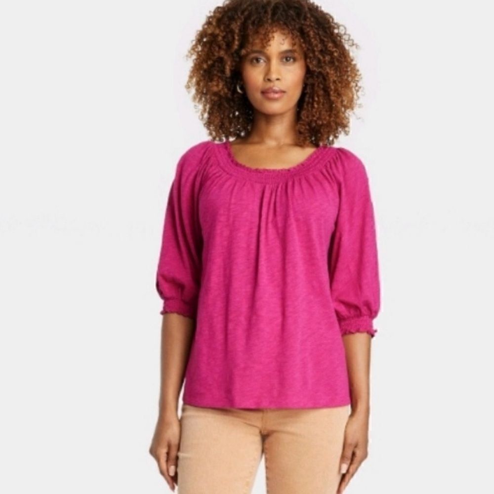 Knox Rose Smocked Bishop Top Women's Magenta NWT Size Small